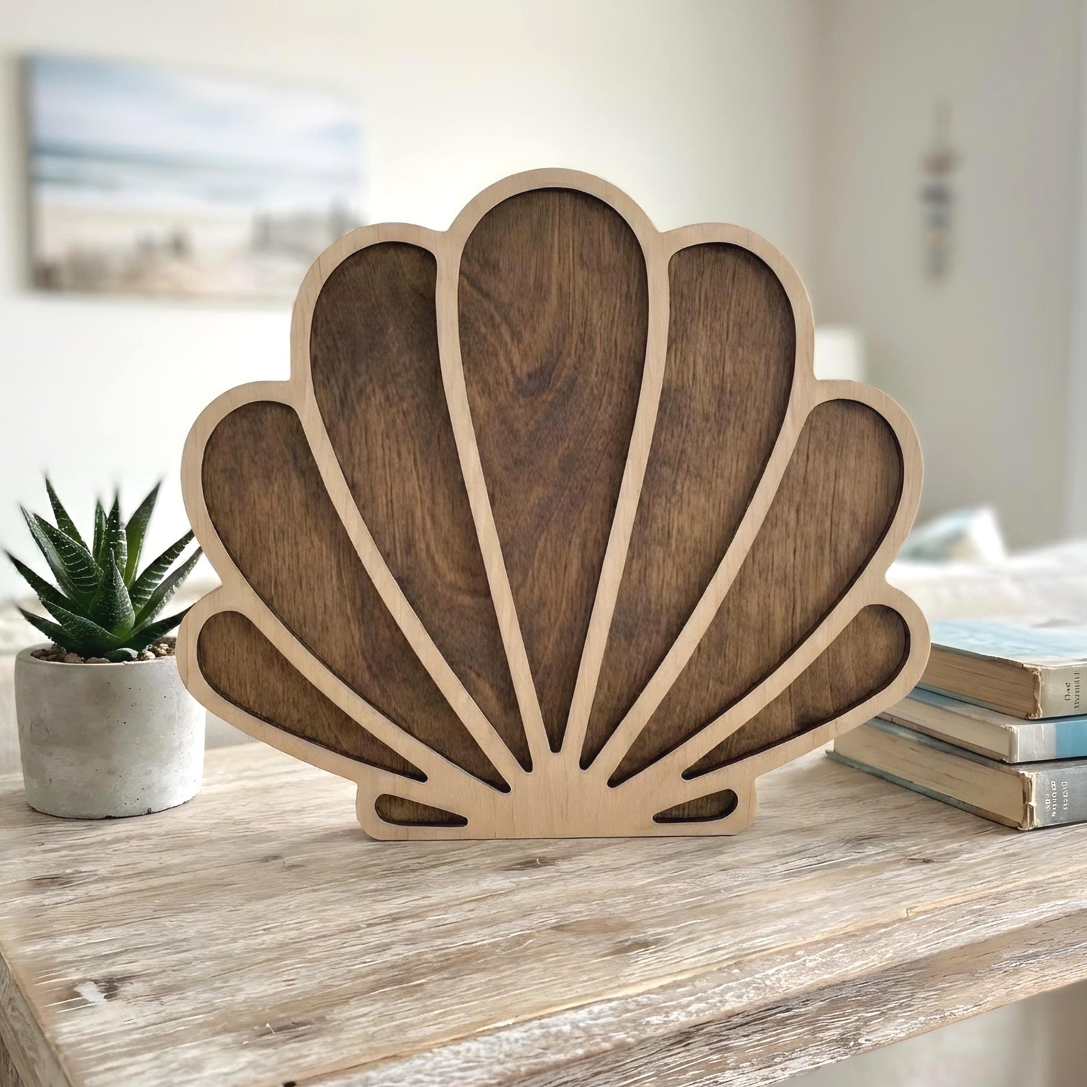 Seashell Sea Glass Display Box: Coastal Decor Shadow Box - Medium • 9" x 7.75", Stained Summer Oak