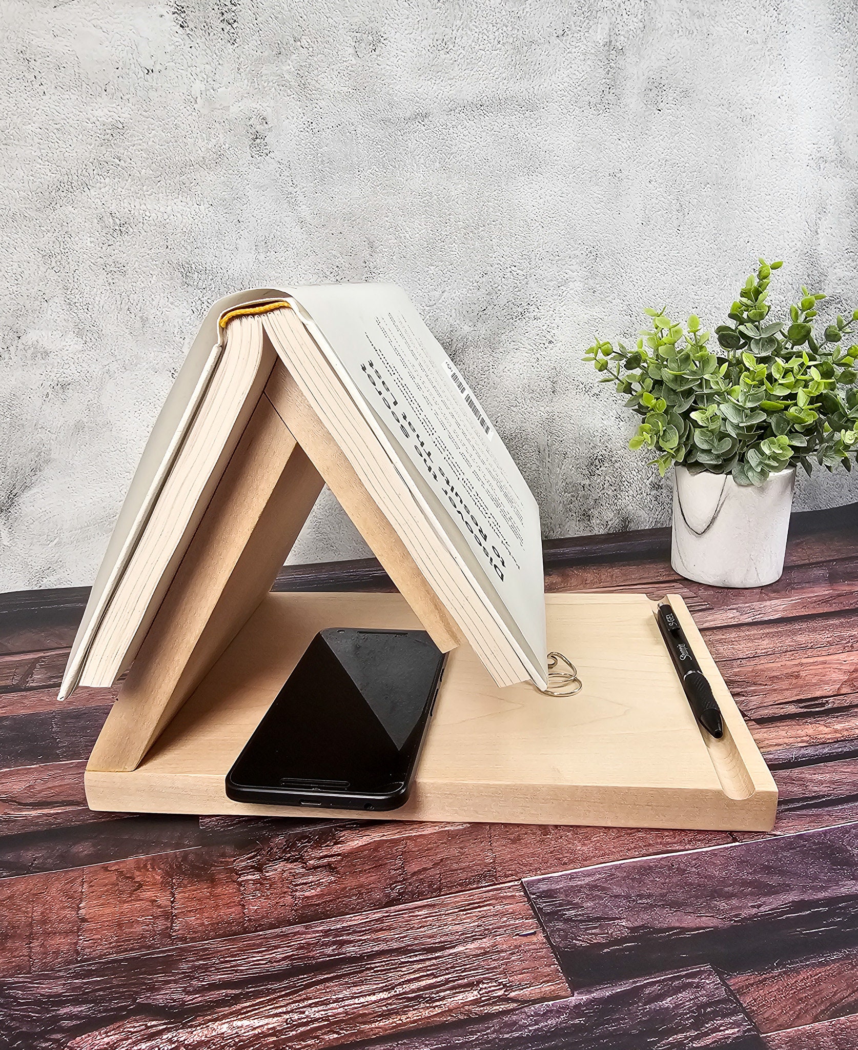 Acacia Wood Triangle Book Holder – Foldable Reading Stand With Cup, Phone & Glasses Holder, Book Nook