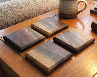 Handmade Walnut Coaster Set: Solid Wood, Housewarming Gift
