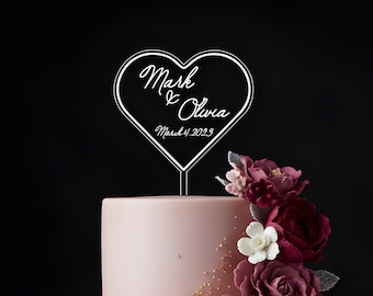 Personalized Acrylic Heart Wedding Cake Topper: Engraved Modern Design