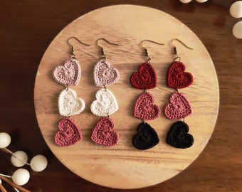 Tricolor Heart Drop//Dangle Earrings - Hand Crochet/Crochet Heart/Valentine's Day Gift/Earrings for Girls/Heart Earrings/Red Heart/Be Mine