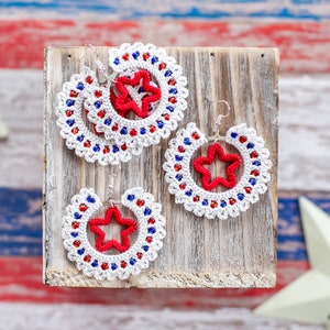 Patriotic Beaded Hoop Earrings with STAR- Hand Crochet/4th of July/Unique Gifts for Her/Statement Earrings/Dangle Earrings/Crochet Hoops/USA