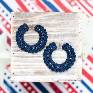 Patriotic Beaded Hoop Earrings - Hand Crochet/4th of July/Statement Earrings/Dangle Earrings/Crochet Hoops/Boho/USA/Round Earrings
