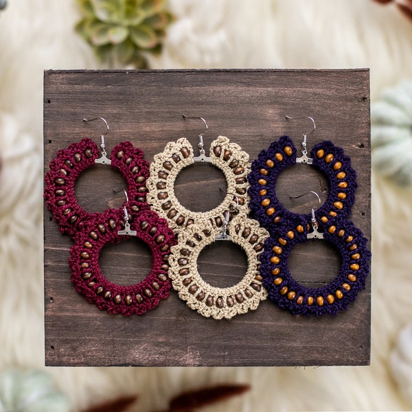 Beaded Hoop Earrings - Hand Crochet/Autumn Jewelry/GoldEarrings/UniqueGifts for Her/StatementEarrings/DangleEarrings/Crochet Hoops/Boho/Fall