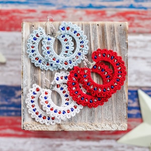 Patriotic Beaded Hoop Earrings - Hand Crochet/4th of July/Unique Gifts for Her/Statement Earrings/Dangle Earrings/Crochet Hoops/Boho/USA