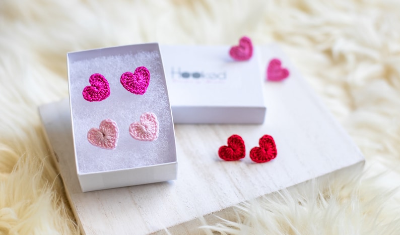 Crochet Heart Studs-Hand Crochet/Stud Earrings/Heart Earrings/Valentine's Day Jewelry/BeMine/Crochet Heart/RedHeart/Mini Heart/Micro Crochet image 10