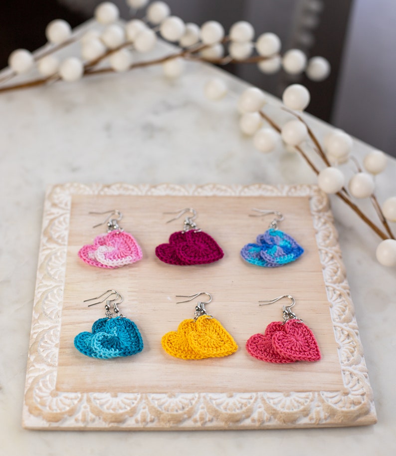 Heart Earrings-Hand Crochet // Dangle Earrings/Crochet Heart/Valentine's Day Gift/Rainbow/Small Heart/Mommy and Me/Mini Heart/Micro Crochet image 5