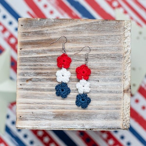 Patriotic Crochet Flower Earrings/Dangle Earrings/Statement Earrings/Micro Crochet/Independence Day/Boho/USA/4th/Starts and Stripes/America/