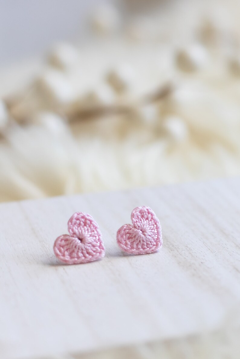 Crochet Heart Studs-Hand Crochet/Stud Earrings/Heart Earrings/Valentine's Day Jewelry/BeMine/Crochet Heart/RedHeart/Mini Heart/Micro Crochet image 9