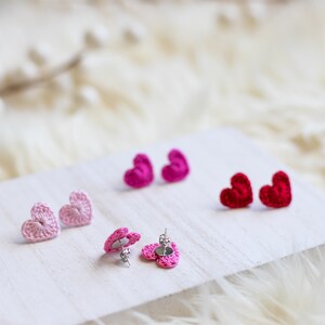 Crochet Heart Studs-Hand Crochet/Stud Earrings/Heart Earrings/Valentine's Day Jewelry/BeMine/Crochet Heart/RedHeart/Mini Heart/Micro Crochet image 4
