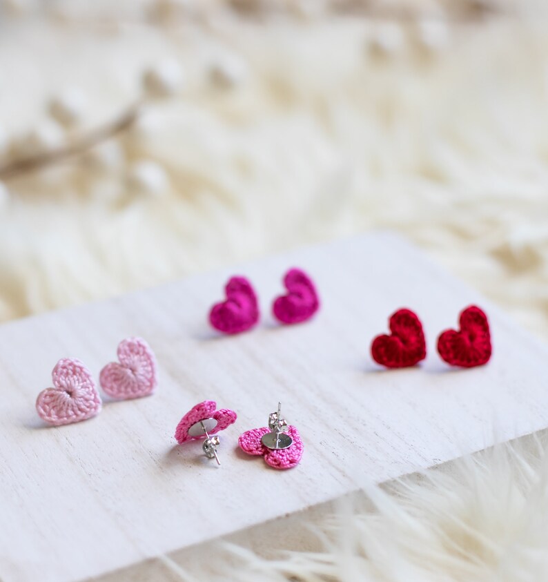 Crochet Heart Studs-Hand Crochet/Stud Earrings/Heart Earrings/Valentine's Day Jewelry/BeMine/Crochet Heart/RedHeart/Mini Heart/Micro Crochet image 4