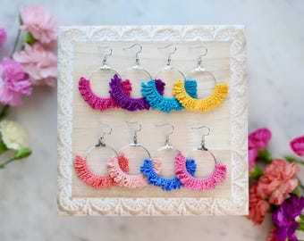 Ruffle Hoop Earrings-Hand Crochet/Dangle Earrings/Spring/Unique Gifts for Her/Statement Earrings/Ruffles/SummerHoops/Boho/Easter/Round