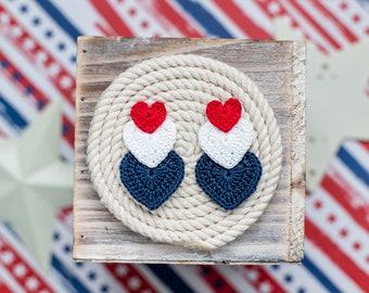 Patriotic Crochet Heart Studs-Hand Crochet/Stud Earrings/Heart Earrings/4th/America/Crochet Heart/Red Heart/Mini Heart/Micro Crochet/USA