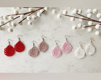 Hand Crochet Teardrop Dangle Earrings-Unique Gifts/MicroCrochet/Handmade Jewelry/Statement Earrings/Vintage/Winter/Drop Earrings/Lace/Hearts
