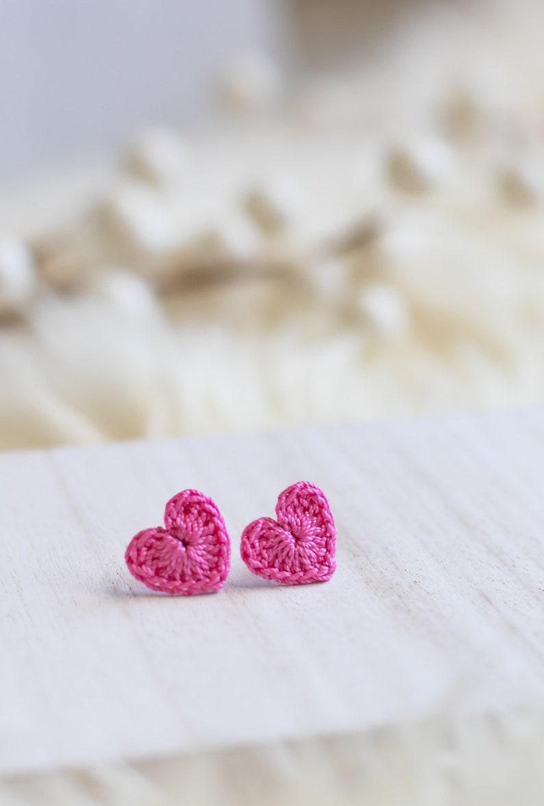 Crochet Heart Studs-Hand Crochet/Stud Earrings/Heart Earrings/Valentine's Day Jewelry/BeMine/Crochet Heart/RedHeart/Mini Heart/Micro Crochet image 8