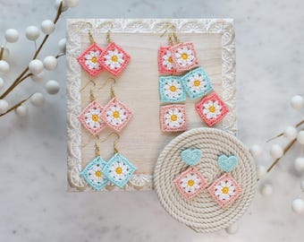 Granny Square Earrings - Hand Crochet/Dangle Earrings/Boho/Statement Earrings/Rainbow/Heart/Block/Studs/Spring/Micro Crochet/Gift/Flower