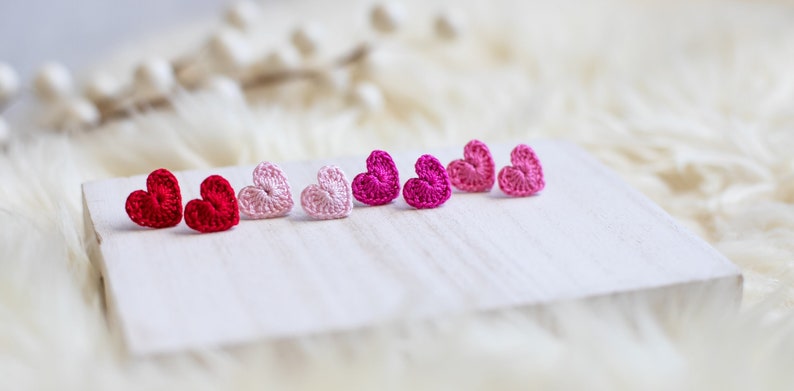 Crochet Heart Studs-Hand Crochet/Stud Earrings/Heart Earrings/Valentine's Day Jewelry/BeMine/Crochet Heart/RedHeart/Mini Heart/Micro Crochet image 1