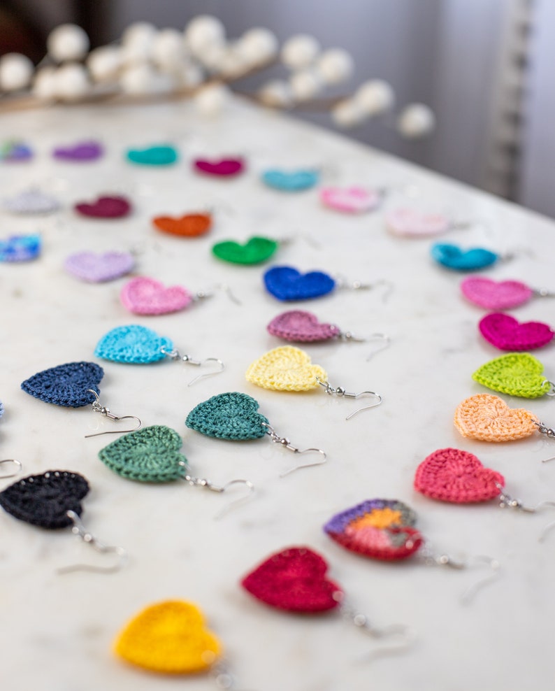 Heart Earrings-Hand Crochet // Dangle Earrings/Crochet Heart/Valentine's Day Gift/Rainbow/Small Heart/Mommy and Me/Mini Heart/Micro Crochet image 3
