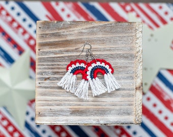 Patriotic Crochet Rainbow Earrings- Small/Dangle Earrings/Statement Earrings/Rainbow Accessories/Crochet Rainbow/Boho/USA/4th/Starts/America