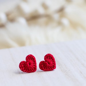 Crochet Heart Studs-Hand Crochet/Stud Earrings/Heart Earrings/Valentine's Day Jewelry/BeMine/Crochet Heart/RedHeart/Mini Heart/Micro Crochet image 6