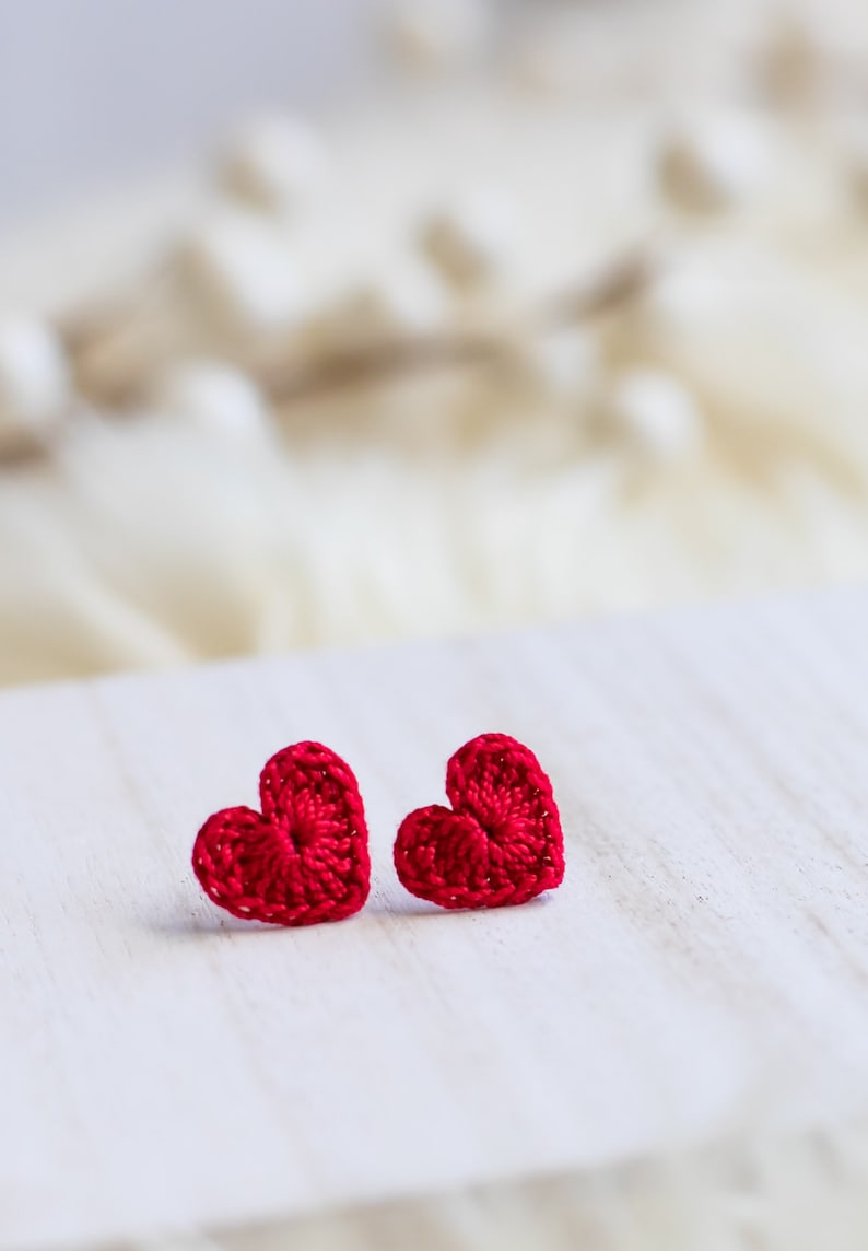 Crochet Heart Studs-Hand Crochet/Stud Earrings/Heart Earrings/Valentine's Day Jewelry/BeMine/Crochet Heart/RedHeart/Mini Heart/Micro Crochet image 6
