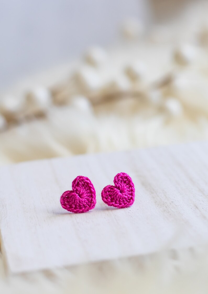 Crochet Heart Studs-Hand Crochet/Stud Earrings/Heart Earrings/Valentine's Day Jewelry/BeMine/Crochet Heart/RedHeart/Mini Heart/Micro Crochet image 7