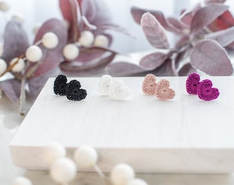 Micro Crochet Heart Studs - Handmade Cotton Earrings
