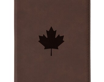 Maple Leaf Brown Leather Passport Holder - Laser Etched Design - Engraved Passport Holder For Women And Men