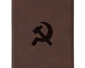 Communist Brown Leather Passport Holder - Laser Etched Design - Engraved Passport Holder For Women And Men