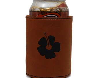 Hawaiian Flower Leather Can Sleeve, Beer Sleeve, Beer Cooler, Beer Hugger