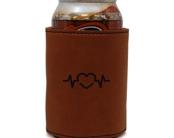 Heartbeat Leather Can Sleeve, Beer Sleeve, Beer Cooler, Beer Hugger