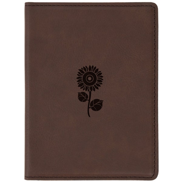 Sunflower Brown Leather Passport Holder - Laser Etched Design - Engraved Passport Holder For Women And Men