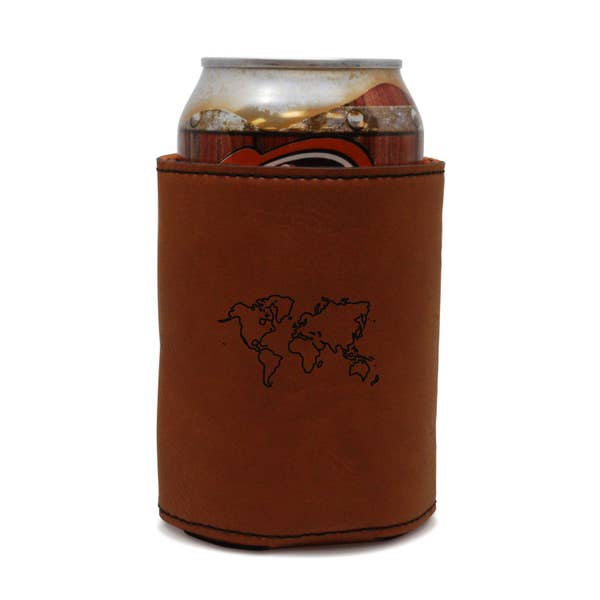 World Map Leather Can Sleeve, Beer Sleeve, Beer Cooler, Beer Hugger