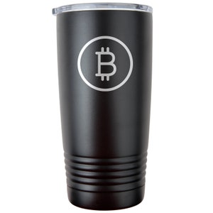 May include: Black stainless steel tumbler with a white Bitcoin symbol logo.