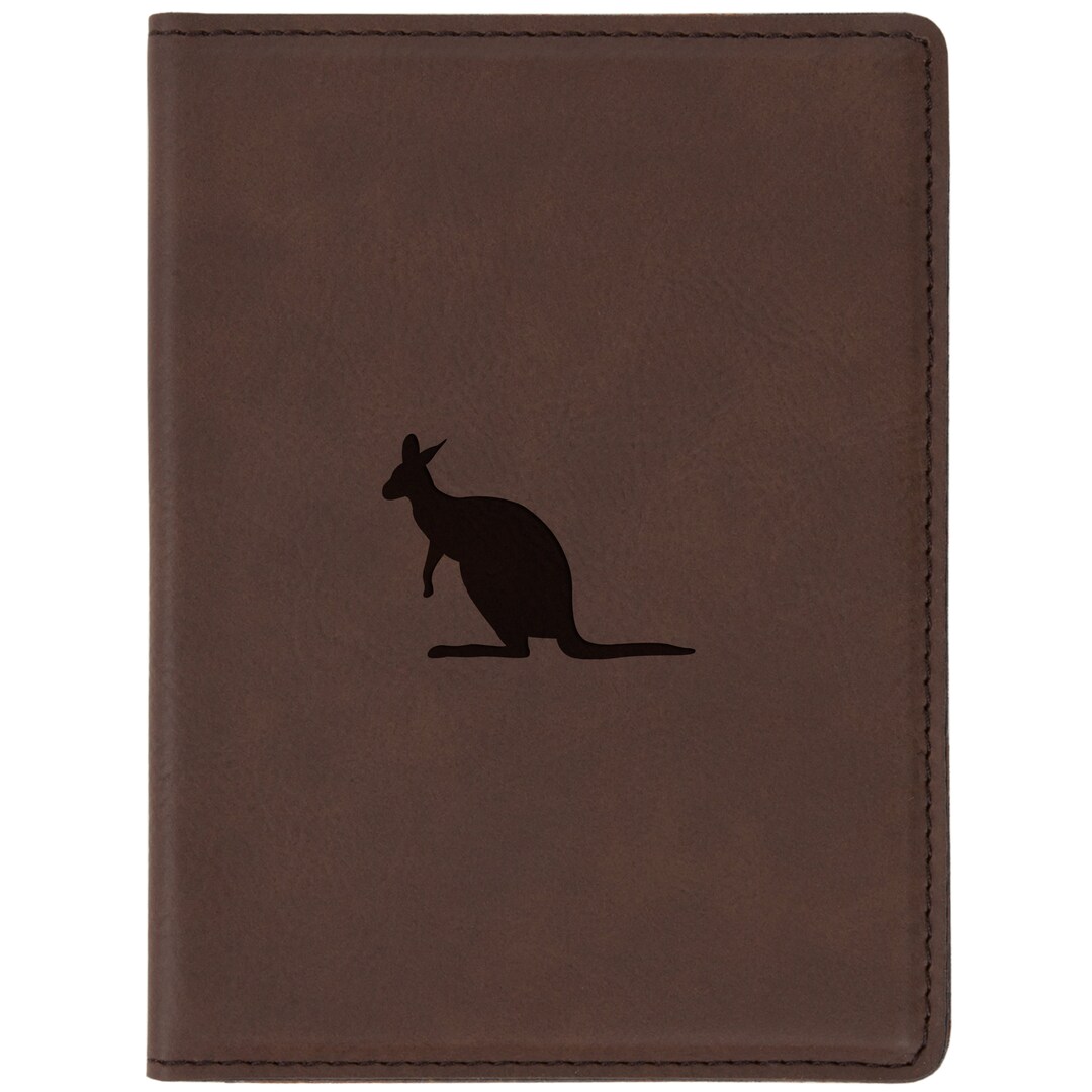 Kangaroo Brown Leather Passport Holder Laser Etched Design Engraved