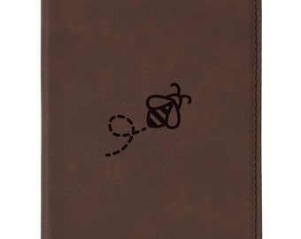 Bee Brown Leather Passport Holder - Laser Etched Design - Engraved Passport Holder For Women And Men