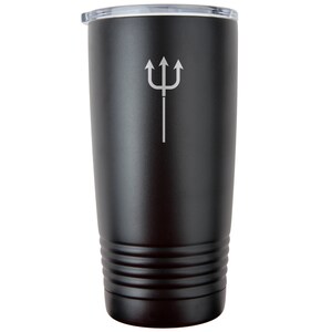 May include: A black stainless steel tumbler with a trident design. The tumbler has a lid and a double-walled construction to keep drinks cold or hot.