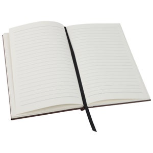 May include: An open, lined notebook with a dark brown cover and a black ribbon bookmark. The pages are cream-colored and feature horizontal lines for writing. The notebook is ideal for journaling, note-taking, or sketching.