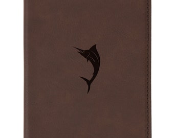 Marlin Brown Leather Passport Holder - Laser Etched Design - Engraved Passport Holder For Women And Men