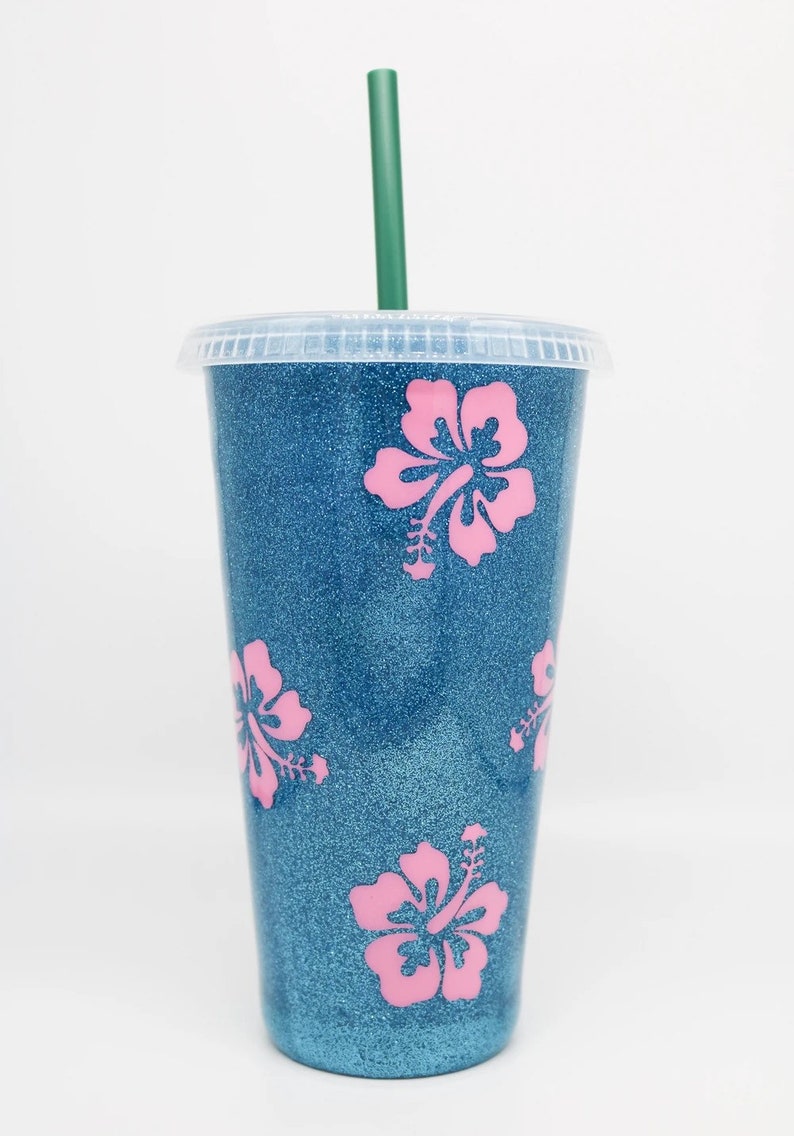 Disney Themed Lilo and Stitch; Blue Glitter Starbucks Venti Plastic Tumbler