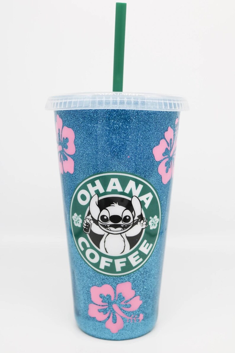 Disney Themed Lilo and Stitch; Blue Glitter Starbucks Venti Plastic Tumbler