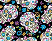 Folkloric Sugar Skulls Black Cotton Fabric By The Yard