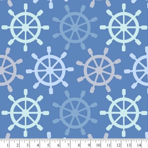 May include: A seamless pattern of blue, light blue, and gray ship wheels on a blue background.