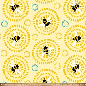 May include: A seamless pattern featuring black and yellow bees flying in concentric circles on a light yellow background. The circles are made up of small yellow squares.