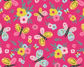 Tissu polaire rose anti-boulochage de qualité supérieure, papillons et fleurs, par mètre