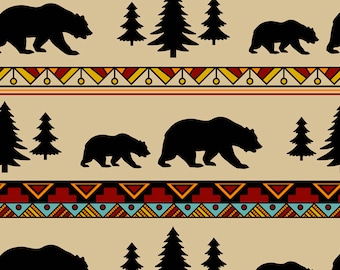 Lodge Bear Stripe Anti-Pill Premium Fleece Fabric By the Yard