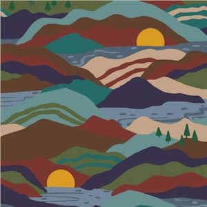 May include: A repeating pattern depicting stylized mountains, rivers, and sunsets. The design uses a palette of teal, brown, red, and tan, with a bright yellow sun. Small green trees are scattered across the landscape.