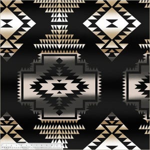 May include: Geometric pattern fabric featuring a repeating design in black, white, and tan. The pattern includes diamond and triangle shapes, creating a Southwestern or tribal aesthetic. The fabric appears to be a woven material.
