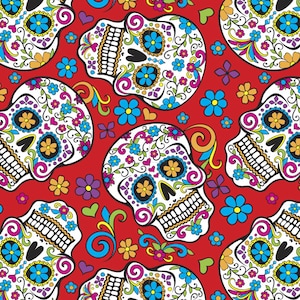 Folkloric Sugar Skulls Red Cotton Fabric By The Yard