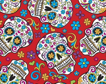 Folkloric Sugar Skulls Red Cotton Fabric By The Yard